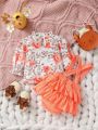 Infant Girls' Flower Print Long Sleeve Shirt With Suspender Skirt Set