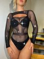 Women's Sexy Rhinestone Hot Drilling Hollow Out Mesh Bodysuit