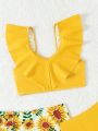 Little Girl'S Ear-Trimmed Sunflower Print Swimsuit Set