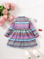 Infant Girls' Casual Geometric Pattern Long Sleeve Dress With Half High-neck For Autumn And Winter