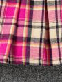 SHEIN Kids FANZEY Little Girls' Solid Color Puff Sleeve Top And Plaid Skirt Set