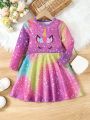 SHEIN Kids QTFun Toddler Girls' Mid-length Cartoon Unicorn Printed Round Neck Long Sleeve Dress For Autumn