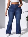 SHEIN Essnce Plus Size Women's Casual Mid-Rise Slim Fit Denim Bell-Bottoms With Embroidery Back Pockets