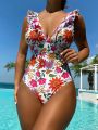 SHEIN Swim Vcay Ladies' One-Piece Swimsuit With Floral Print And Frill Edges