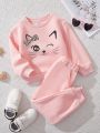 Young Girl's Casual Long Sleeve Cartoon Sweatshirt And Solid Color Sweatpants