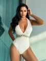 SHEIN Swim Chicsea Deep V-neck Halter Striped Monokini Swimsuit