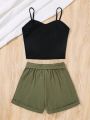 SHEIN Teen Girls' Knitted Ribbed Camisole Vest And Woven Shorts Casual 2pcs/Set