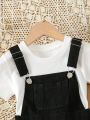 Young Girl Patched Pocket Plicated Detail Denim Overall Dress Without Tee