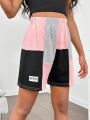 SHEIN Kids Cooltwn Tween Girls' Cool And Trendy Knitted Color-Block Shorts For Spring/Summer