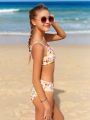 Teen Girl's Floral Print Bikini Set With Circular Rings Connection