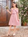 SHEIN Kids FANZEY Tween Girl Off-Shoulder Double Layered Flounce Dress With Detachable Waistbelt