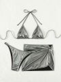 SHEIN Swim BAE Silver Metallic Triangle Cup Bikini Swimsuit Set + Beach Skirt 3pcs Combo