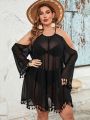 SHEIN Swim BohoFeel Plus Size Women's Hollow Out Shoulder Fringe Decor Perspective Cover Up Dress