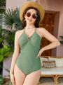 SHEIN Teen Girl Knitted Solid Color Crisscross Straps Casual One-Piece Swimsuit