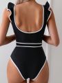 SHEIN Swim Chicsea One-Piece Swimsuit With Contrast Trim, Ruffles And Decorative Border