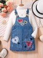 Young Girl Heart & Letter Embroidery Denim-Effect Print Overall Dress Without Sweater