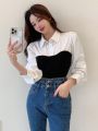Dazy Star Women's Color Block Lapel Collar Long Sleeve Shirt