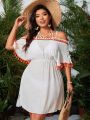 SHEIN Swim Vcay Plus Size 1pc Hollow Out Shoulder Cover Up Dress With Tassel Detail