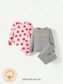 Cozy Cub 4pcs Baby Girls' Heart Patterned Round Neck Shoulder Snap Top And Pants Set