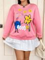 SHEIN Qutie Plus Floral & Letter Graphic Drop Shoulder Sweatshirt