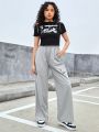 Female Teen Portrait Pattern Ribbed T-shirt And Pocket Wide-leg Pants Two-piece Set