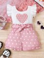 SHEIN Little Girls' Knitted Patchwork Polka Dot Heart Pattern Ruffle Hem Jumpsuit