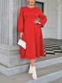 SHEIN Privé Plus Size Women's Elegant Red Round Neck Lantern Sleeve Dress