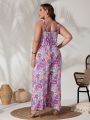 SHEIN VCAY Women's Plus Size Purple Printed Jumpsuit With Spaghetti Straps