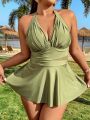 SHEIN Swim Classy Plus Size Ruched Backless Halter Top And Triangular Pants Bikini Swimsuit Set