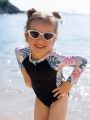 Little Girls' Tropical Print Patchwork Long Sleeve One-Piece Swimwear With Front Zipper