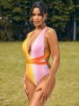 SHEIN Swim Vcay Deep V-Neck Color Block Ombre Monokini With Open Back