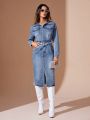 SHEIN BAE Button-up Pocket Detail Denim Shirt Dress Without Waist Belt, Water Washed