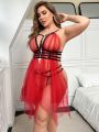 Classic Sexy Plus Size Women's Mesh Halter Sexy Lingerie Dress 2pcs/Set (Music Festival)