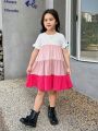 SHEIN Kids HYPEME Young Girls' Color Block & Ruffle Sleeve Splicing Dress, Perfect For Spring And Summer Street Style