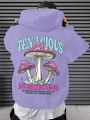 Extended Sizes Men Plus Mushroom & Slogan Graphic Kangaroo Pocket Drawstring Hoodie