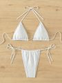 SHEIN Swim Mod Women's Flower Pressed Halter Neck & Side Tie Bikini Set