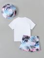 Young Boys' Tropical Printed Short Sleeve Shirt And Shorts Swimsuit 2pcs/Set, Summer
