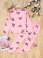 SHEIN Girls' Butterfly Printed Knit Round Neck Long Sleeve Pullover Pajamas Set For Cozy Winter