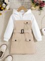 SHEIN Kids EVRYDAY Young Girl Two Tone Flap Pocket Belted Hooded Dress