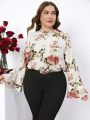 SHEIN Clasi Plus Size Floral Printed Flared Sleeve Stand Collar Shirt