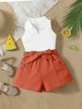 SHEIN Baby Girl Solid Color Vest And Shorts Set