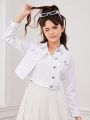 Tween Girls' Basic Casual College Style White Slim Fit Denim Jacket