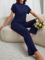 Women's Short Sleeve Stand Collar Top And Long Pants Homewear Set