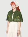 ROMWE Fairycore Women's Hooded Cape Coat With Floral Embroidery And Front Tie