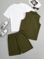 SHEIN Teen Boy'S Casual Cargo Style Vest With Pockets, Short Sleeve T-Shirt, Pocket Shorts Set