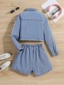 Tween Girls Casual Sweet & Cool Light Blue Wash Distressed Denim Jacket & Skirt/Pants Set, Spring