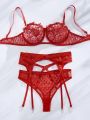 Ladies' Embroidered Detail Heart Shaped Mesh Sexy Lingerie 3-Piece Set (Valentine's Day Edition)