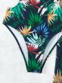 SHEIN Swim Tropical Print Cut Out Halter One Piece Swimsuit With Beach Skirt,Summer Beach