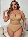 SHEIN Swim Chicsea Plus Size Women'S Metal Chain Shoulder Strap Swimsuit Set