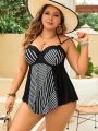 SHEIN Swim Classy Plus Size Striped Patchwork Swimsuit Set